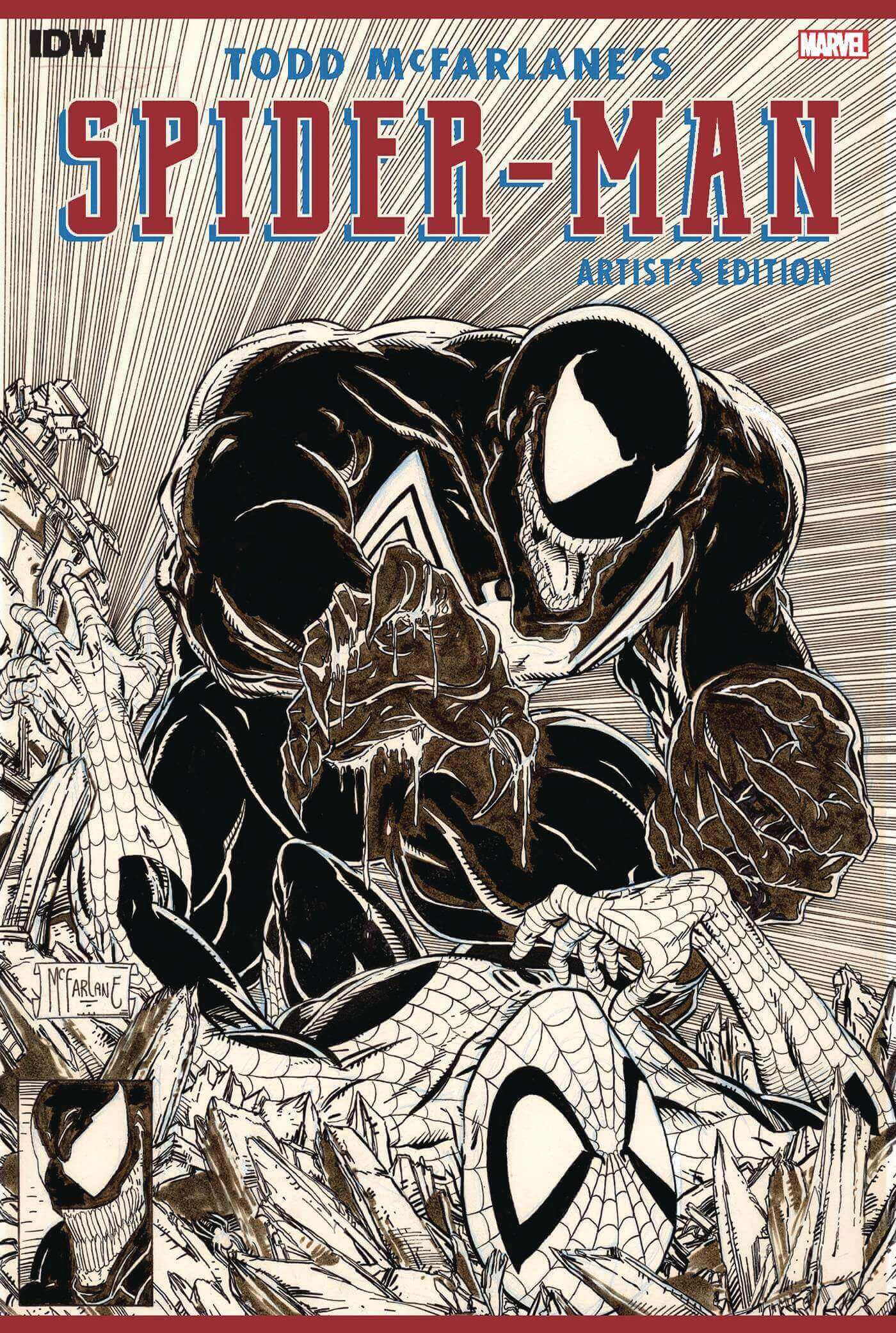 Cover of the book 'Todd McFarlane's Spider-Man Artist Edition', featuring an intense, action-packed illustration of Spider-Man in a dynamic pose with a background of a cityscape.