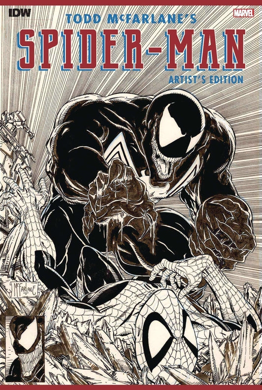 Cover of the book 'Todd McFarlane's Spider-Man Artist Edition', featuring an intense, action-packed illustration of Spider-Man in a dynamic pose with a background of a cityscape.