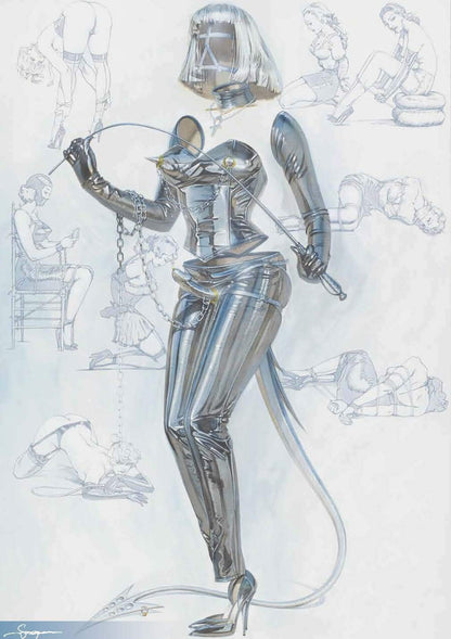 Silver robot figure with detailed design on a light background