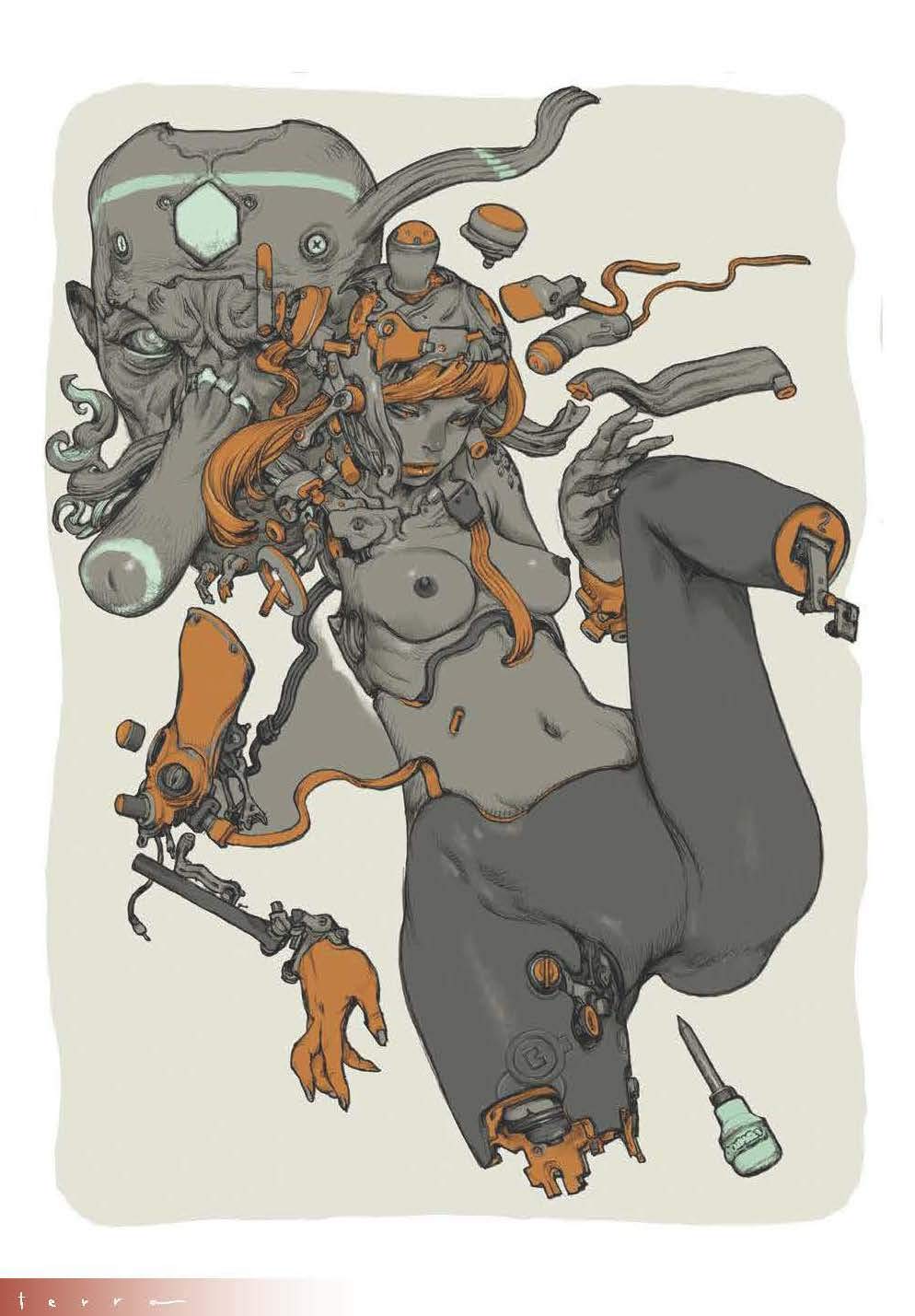 Illustration of a creature with mechanical parts on a beige background