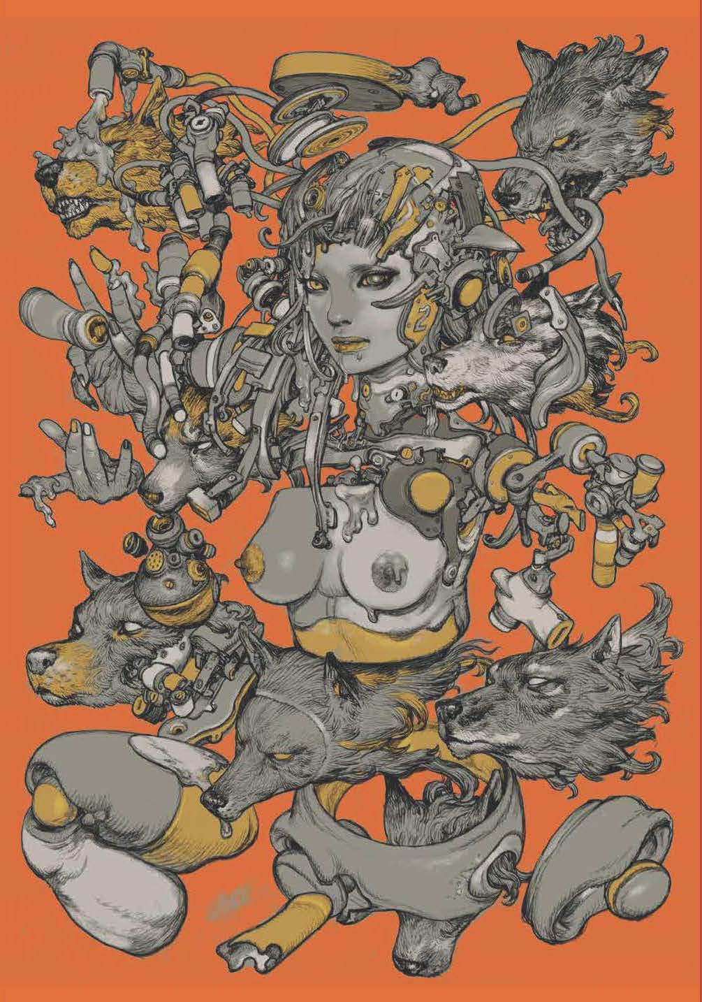 Artistic illustration of a mechanical figure with wolf-like creatures on an orange background