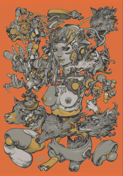 Artistic illustration of a mechanical figure with wolf-like creatures on an orange background
