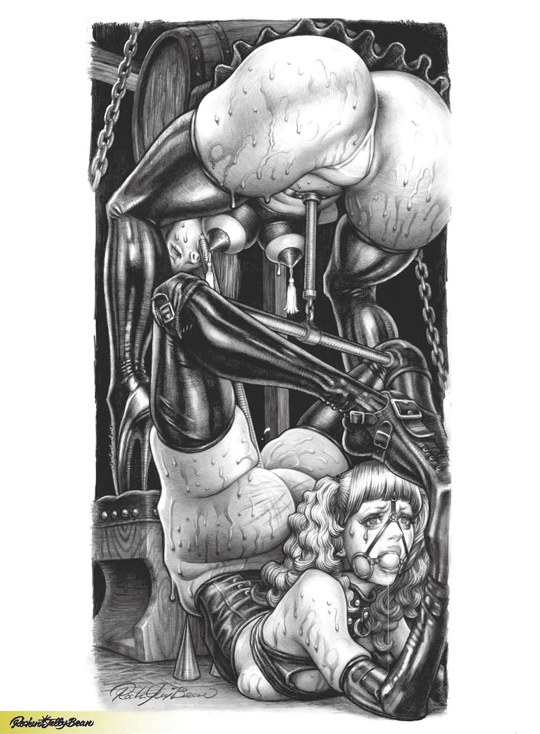 Black and white illustration of a person in a mechanical suit with a headless figure underneath, signed by Richard Bitterman.