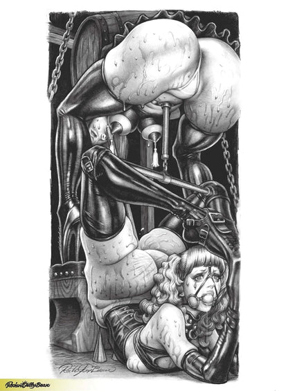 Black and white illustration of a person in a mechanical suit with a headless figure underneath, signed by Richard Bitterman.