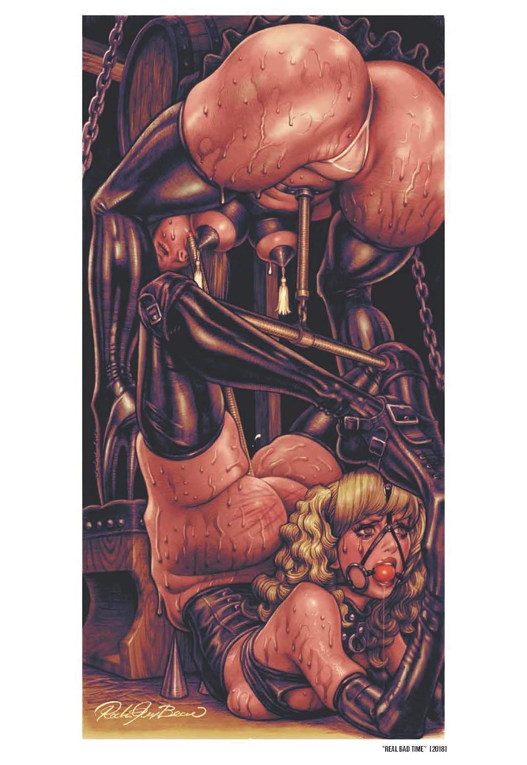 Artistic depiction of a person in a harness with mechanical components, likely from a tattoo design.