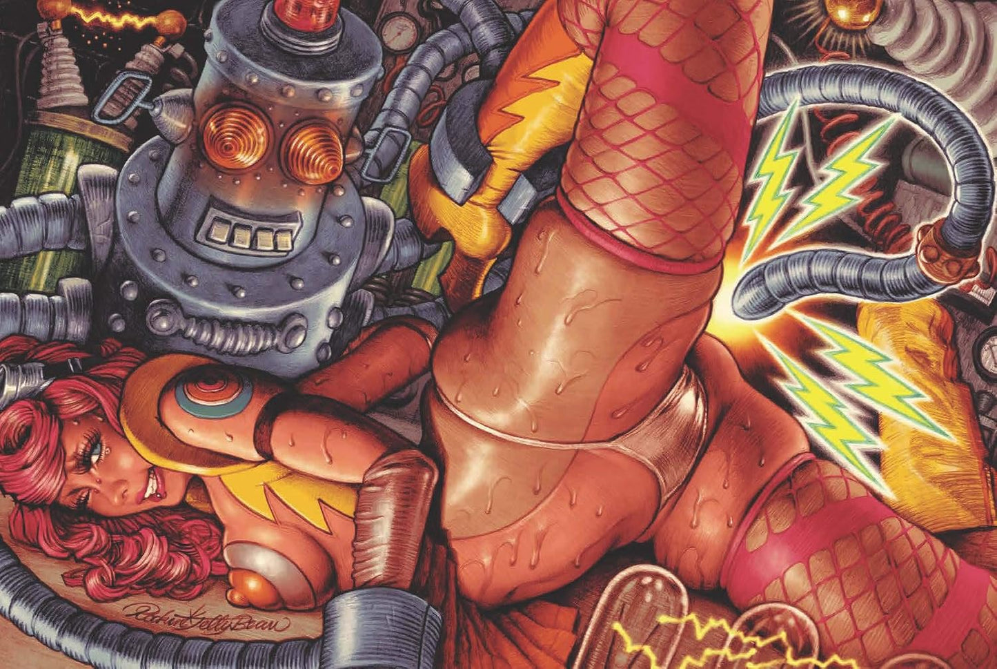 Illustration of a robot and a person with dynamic poses and vibrant colors.