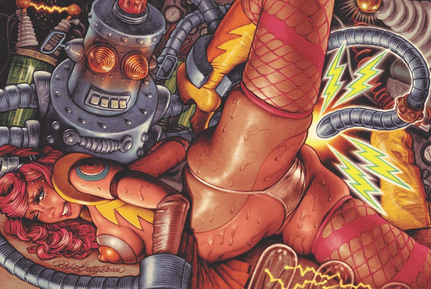 Illustration of a robot and a person with dynamic poses and vibrant colors.