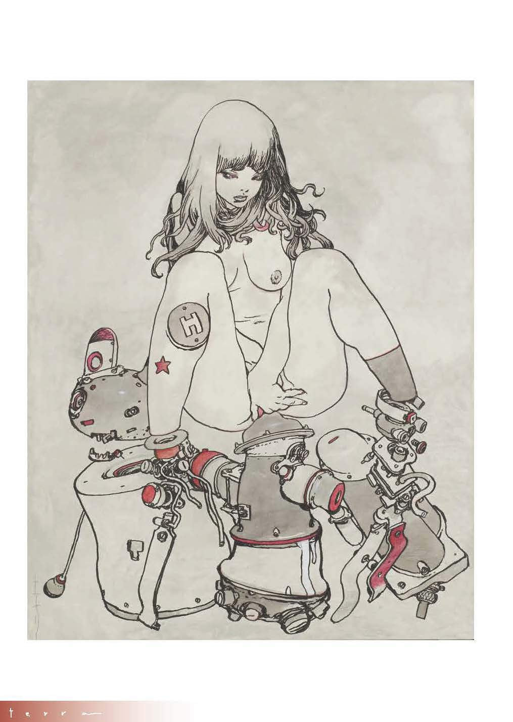 Illustration of a person in a white coat with mechanical dogs on a light gray background