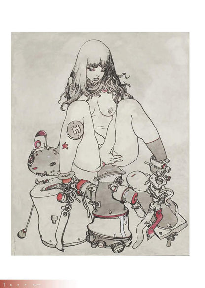 Illustration of a person in a white coat with mechanical dogs on a light gray background