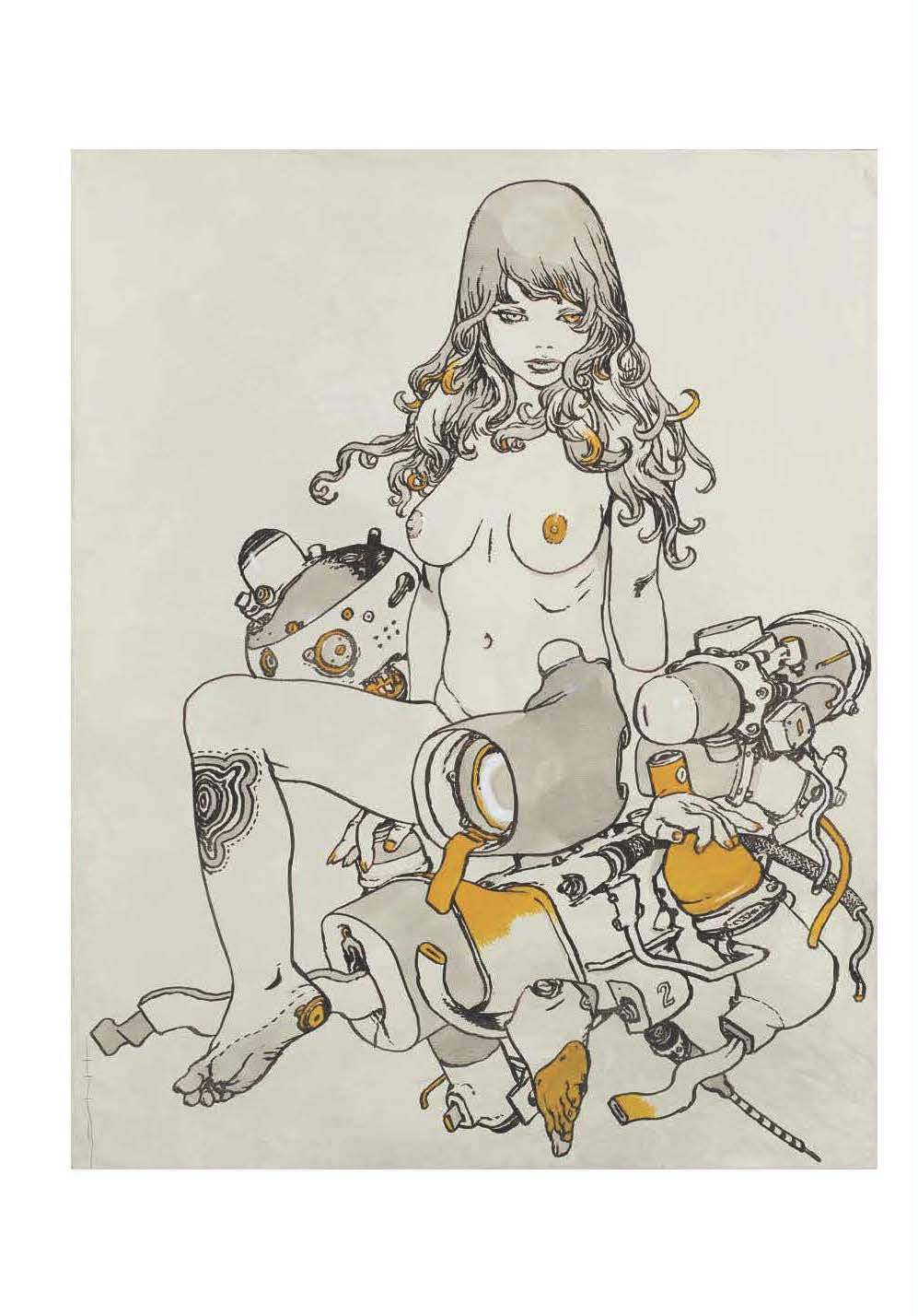 Artistic illustration of a nude woman with mechanical elements on a beige background