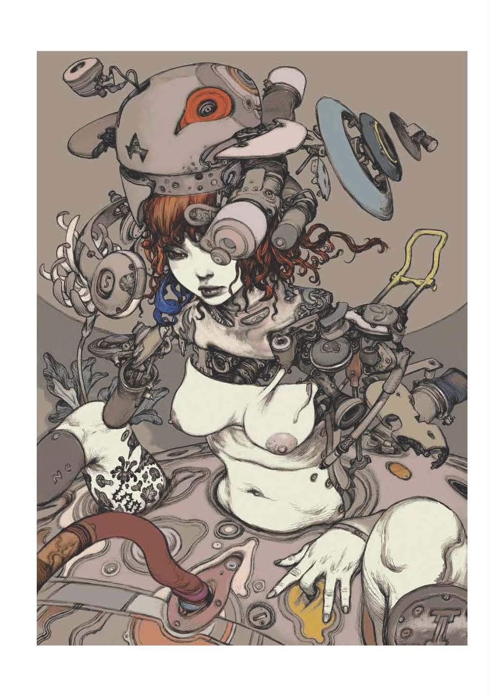 Artistic illustration of a person with mechanical components and gears on a beige background