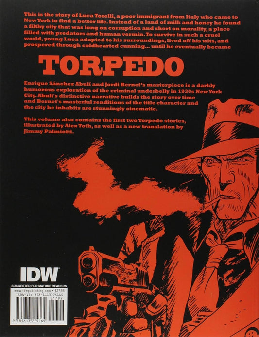 Back cover of the book 'Torpedo' by IDW, featuring a black background with red and orange text and a red-and-black illustrated scene of two men in hats.