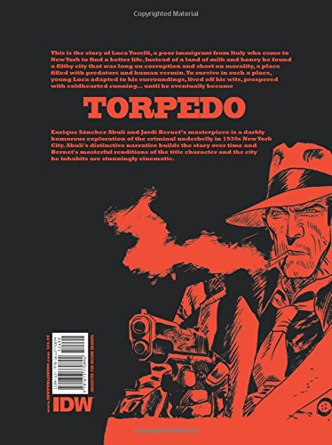 Back cover of the book 'Torpedo' by IDW, featuring a black background with red title text, a red-and-black illustrated portrait of a man in a hat, and a barcode on the lower left.