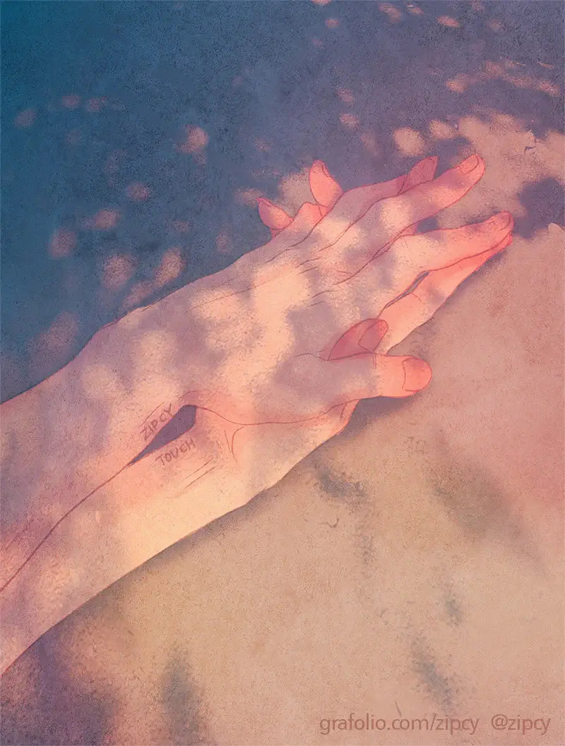 An artistic illustration of a hand resting on a textured surface, bathed in warm peach and pink light with dappled shadows against a blue background. from touch by zipcy