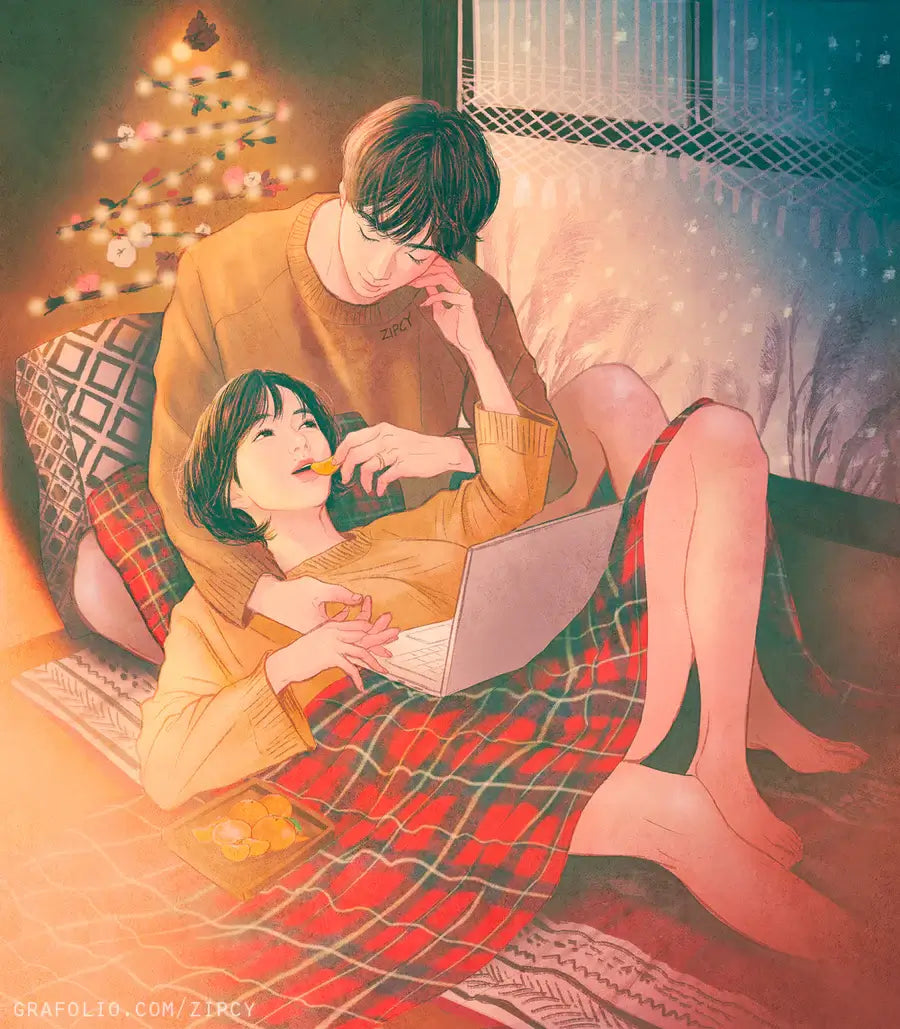 An illustrated cozy scene of two people sitting together on a couch in warm holiday lighting, with one holding a laptop and the other eating a snack. The artwork uses soft warm tones with red plaid blanket details and a blurred Christmas tree in the background. from touch by zipcy