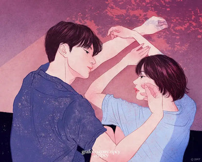 Sample artwork from the Touch by Zipcy art book depicting a tender indoor conversation.
