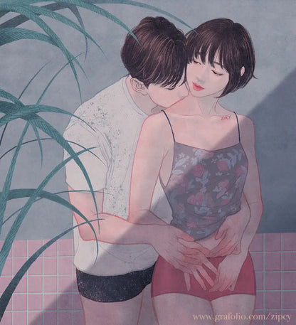 Sample illustration from Touch by Zipcy highlighting soft lighting and close companionship.
