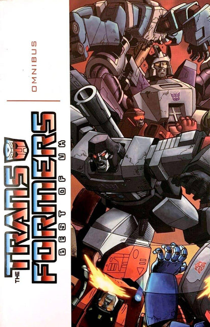 Transformers Best of UK Omnibus front cover featuring classic comic artwork of Megatron and Autobots in battle.