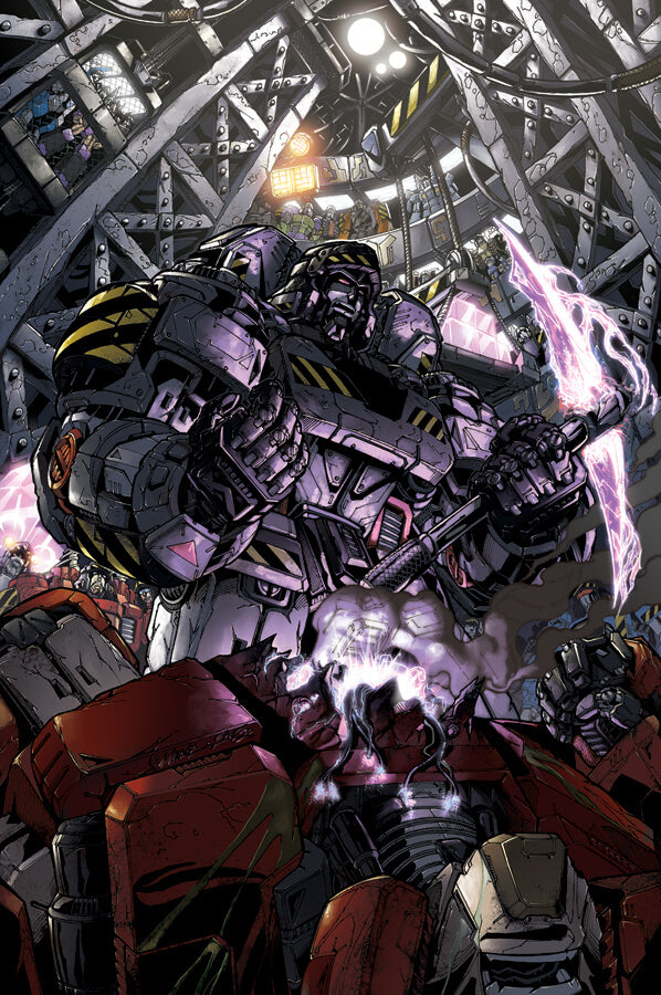 Comic book style illustration of a large armored robot in a metallic industrial setting, holding a glowing purple weapon, with other robots visible in the foreground and background.