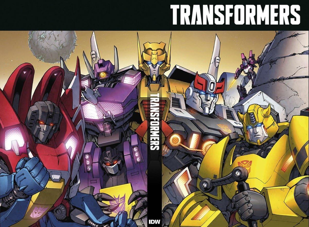 Transformers comic book cover featuring multiple robot characters from the Transformers franchise, including red, purple, yellow, and silver figures, with the word 'TRANSFORMERS' at the top and the IDW logo at the bottom.
