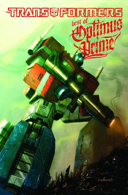 Cover of the graphic novel 'Transformers: Best of Optimus Prime' featuring an illustration of the character Optimus Prime in armor, with a green and teal backdrop.