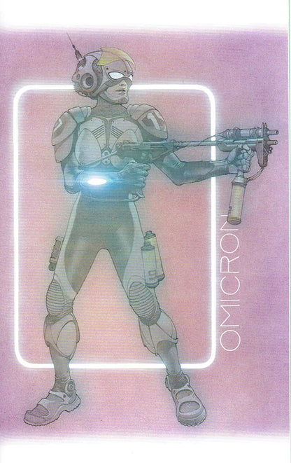 A stylized illustrated character in futuristic armor holding a weapon, centered on a pink and lavender background with a glowing rectangular outline and the vertical text 'OMICRON'.