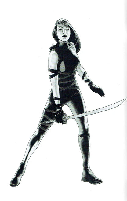 Black and white comic-style illustration of a woman in a fitted black bodysuit and thigh-high boots, holding a curved sword, on a plain white background.