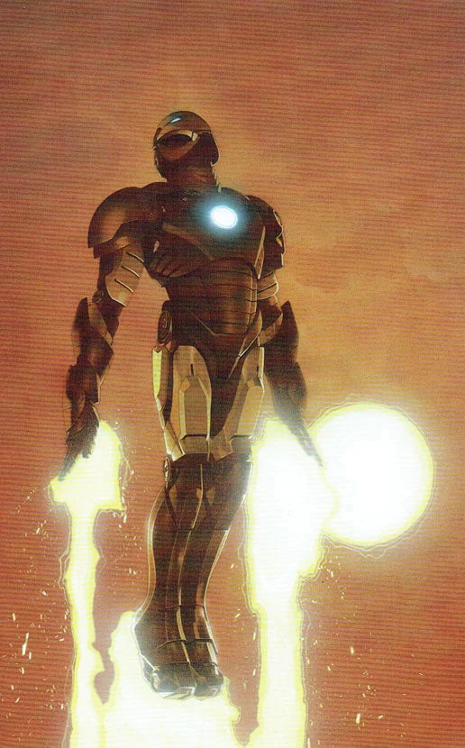 An armored sci-fi character in metallic gold and dark gray stands on a glowing platform against a warm orange-brown background, with bright white energy effects around the feet and chest light.