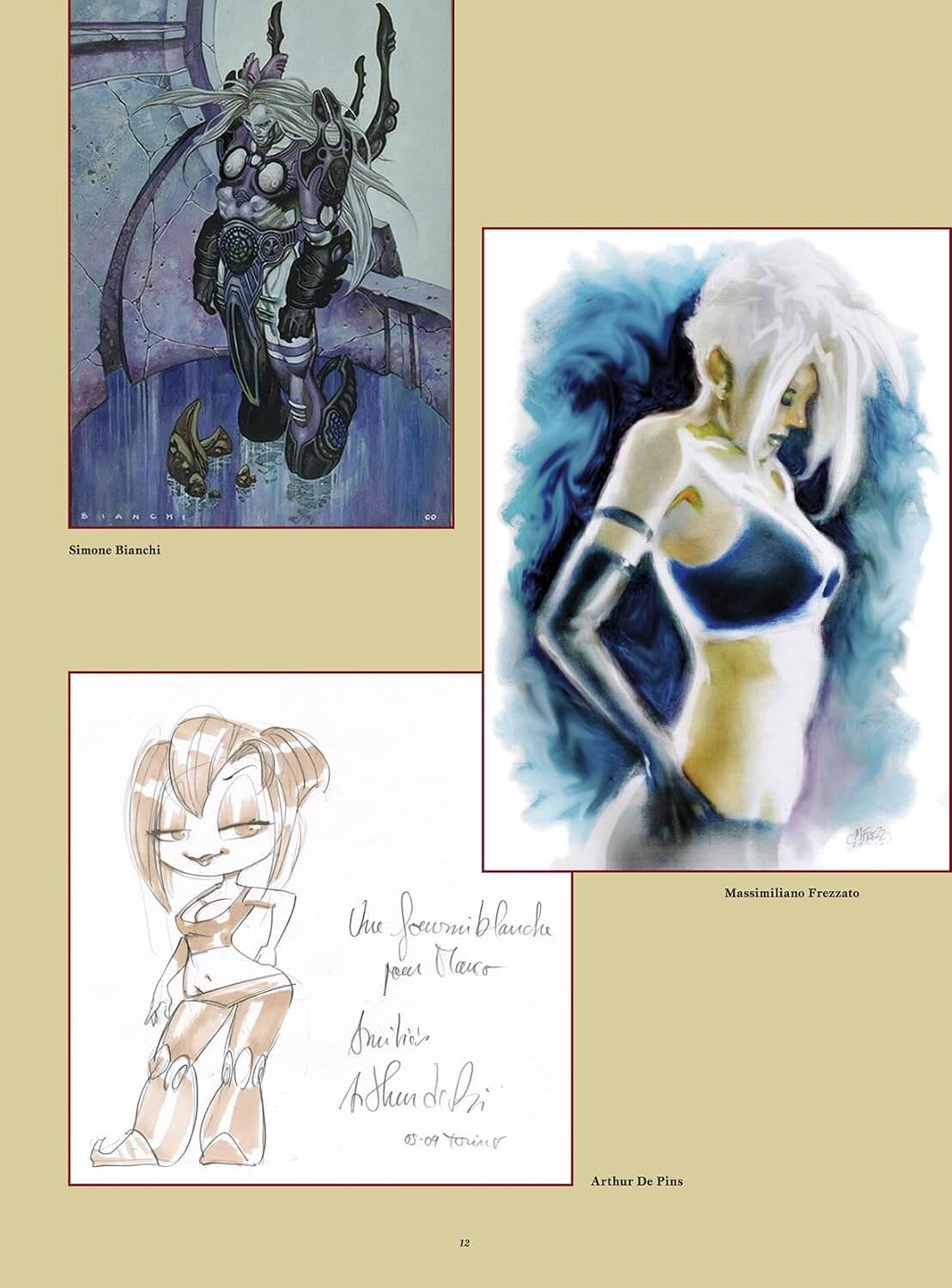 A printed page showing three anime-style character illustrations arranged on a beige background: a dark fantasy figure at top left, a blue-haired female character at top right, and a smaller line-art version with handwritten text at bottom left.