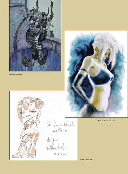 A printed page showing three anime-style character illustrations arranged on a beige background: a dark fantasy figure at top left, a blue-haired female character at top right, and a smaller line-art version with handwritten text at bottom left.