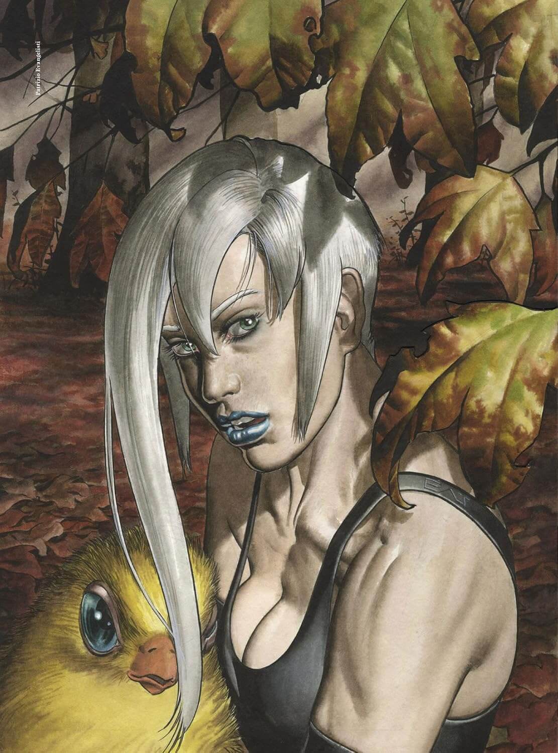Illustrated artwork of a pale-skinned woman with long silver hair and blue lips, wearing a black top, with a yellow bird in the foreground and autumn leaves overhead.
