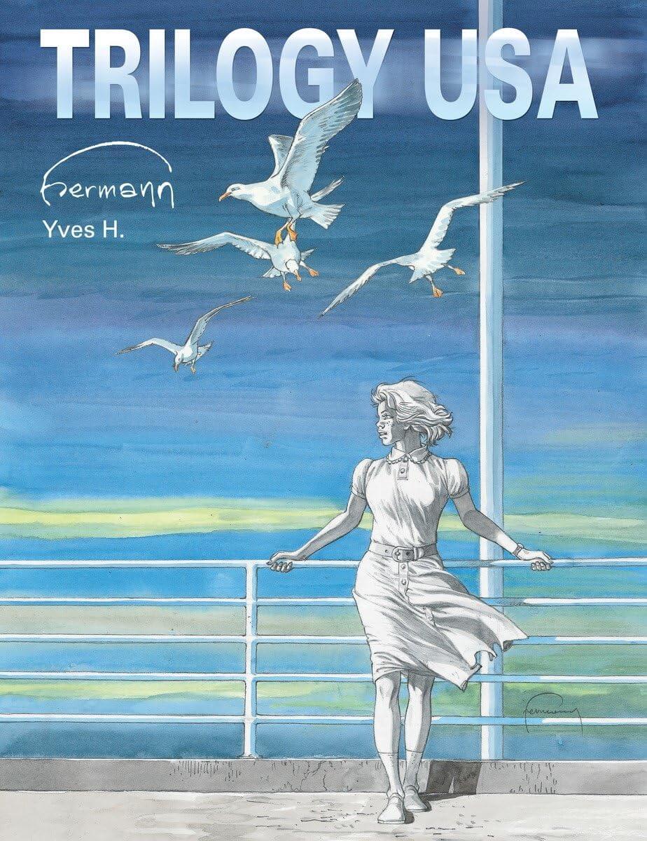 Book cover for 'Trilogy USA' by Yves H., featuring an illustration of a woman in a white dress standing on a pier with seagulls flying against a blue sky.