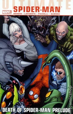 Comic book cover for Marvel's Ultimate Spider-Man: Death of Spider-Man Prelude, featuring multiple illustrated Marvel characters in dynamic poses against a dark background.