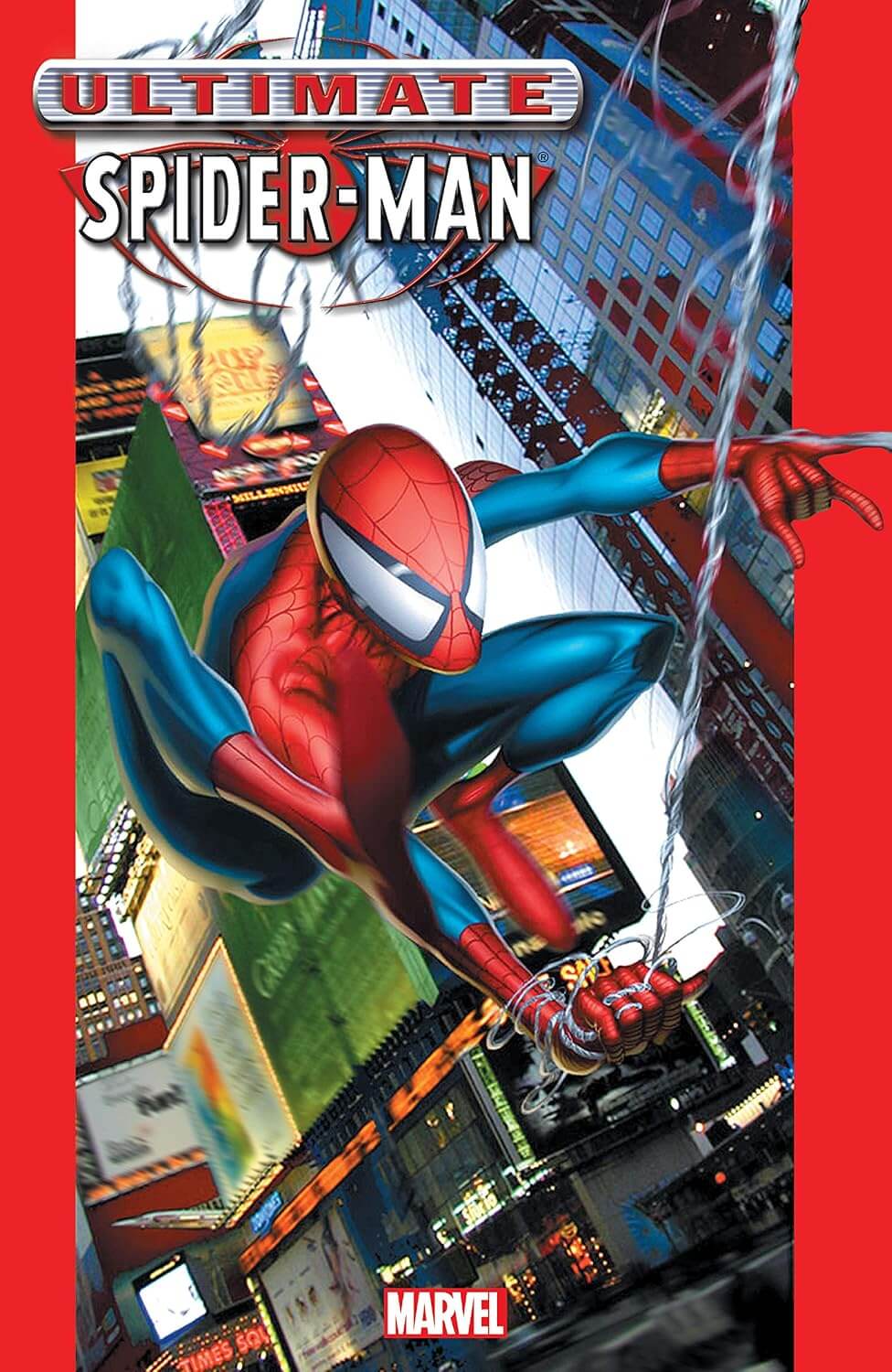 Comic book cover for Ultimate Spider-Man featuring Spider-Man swinging through a city street, with the title at the top and a Marvel logo at the bottom. The cover has red side borders and a busy urban background.
