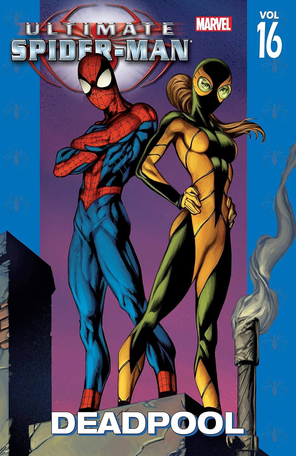Comic book cover for Marvel's Ultimate Spider-Man Vol. 16, featuring Spider-Man and Deadpool standing together against a purple and blue background.