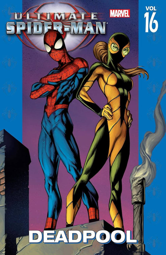 Comic book cover for Marvel's Ultimate Spider-Man Vol. 16, featuring Spider-Man and Deadpool standing together against a purple and blue background.