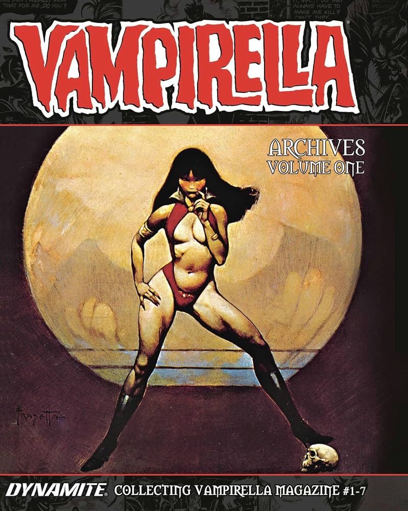 Cover of 'Vampirella Archives HC Vol 01' featuring a stylized illustration of a female figure in a red bikini with a skull motif, against a dramatic moonlit background.