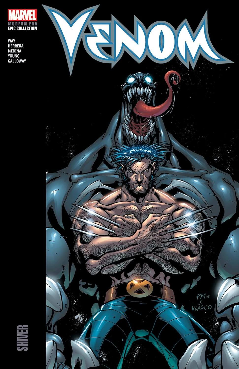 Marvel comic book cover for Venom , featuring the large blue-and-white Venom title at the top and a central illustration of a muscular man with claws extended in front of a giant black-and-blue monster with a tongue sticking out.