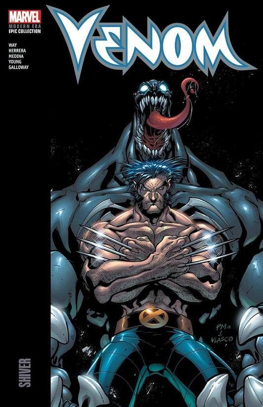Marvel comic book cover for Venom , featuring the large blue-and-white Venom title at the top and a central illustration of a muscular man with claws extended in front of a giant black-and-blue monster with a tongue sticking out.
