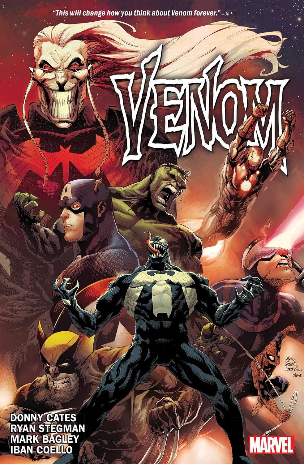 Comic book cover for Marvel's Venomnibus by Donny Cates, Ryan Stegman, Mark Bagley, and Iban Coello. The artwork features Venom posing in the center foreground with his jaw open, tongue out, and green slime dripping from his mouth. Behind him stand the Marvel superheroes Captain America, Hulk, Iron Man, Wolverine, Cyclops, and Spider-Man. Looming over the entire group in the background is the pale, red-marked face of Knull, the God of the Symbiotes, with long white hair.