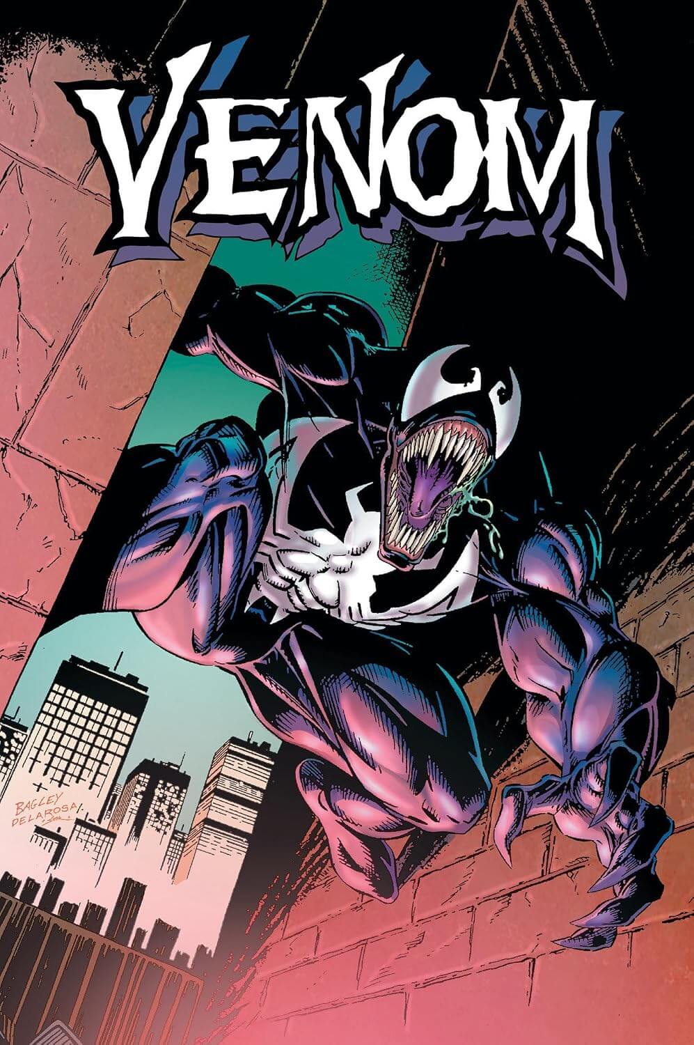 Cover of 'Venomnibus Vol. 1' featuring a stylized illustration of the character Venom in a dynamic pose against an urban background.
