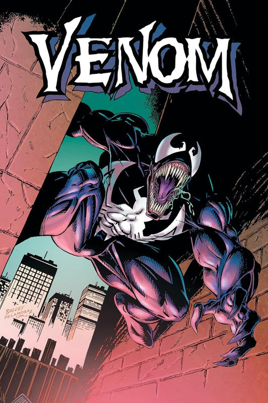 Cover of 'Venomnibus Vol. 1' featuring a stylized illustration of the character Venom in a dynamic pose against an urban background.
