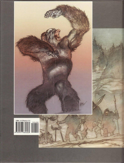 A comic book or graphic novel cover featuring a large roaring ape illustration on the front, with a smaller scene of pale-skinned figures holding spears in the background and a barcode label near the lower left.