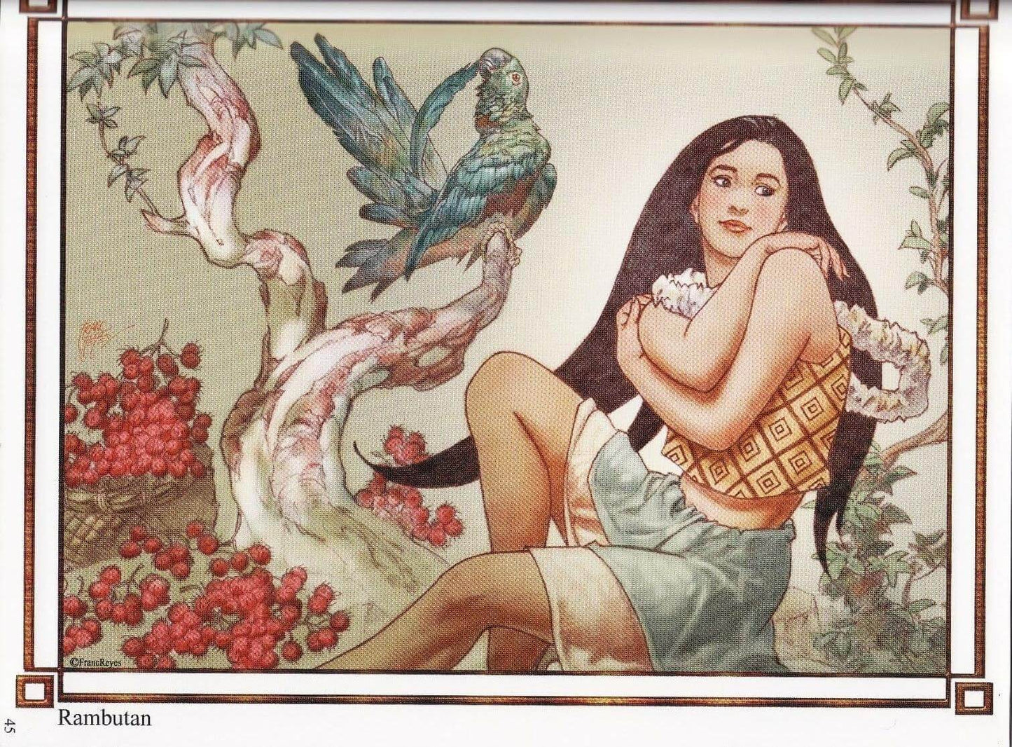 A vintage-style illustrated print showing a seated woman with long dark hair beside a parrot perched on a twisted tree trunk, with clusters of red berries and floral vines around her. The artwork is framed by a decorative border, and the word 'Rambutan' appears at the bottom left.