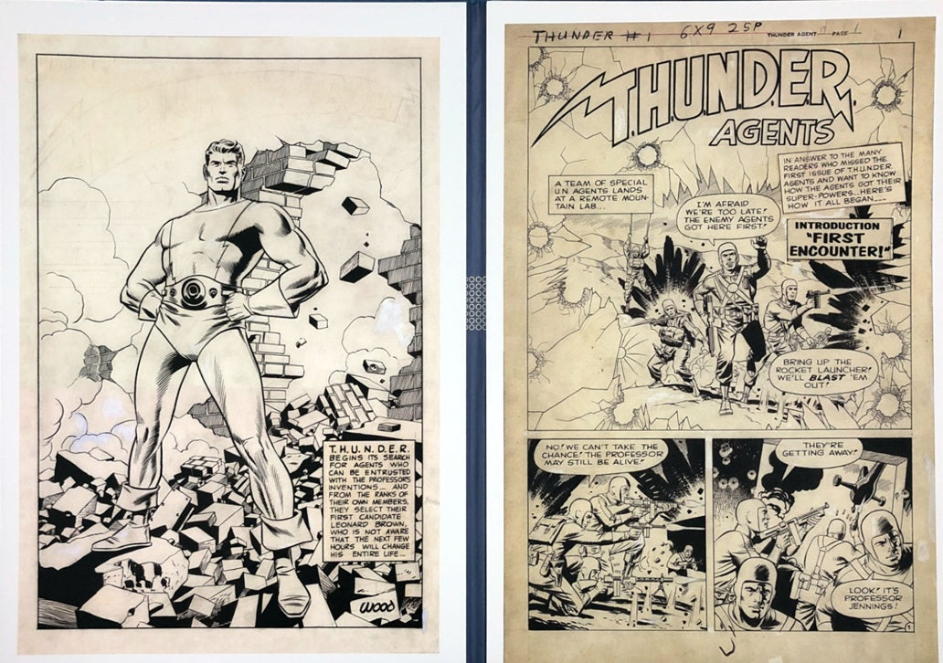 A side-by-side view of two vintage comic book art pages featuring black ink illustrations on aged beige paper. The left page shows a muscular superhero standing on rubble, and the right page shows multiple comic panels with the title 'Thunder Agents' and speech bubbles.