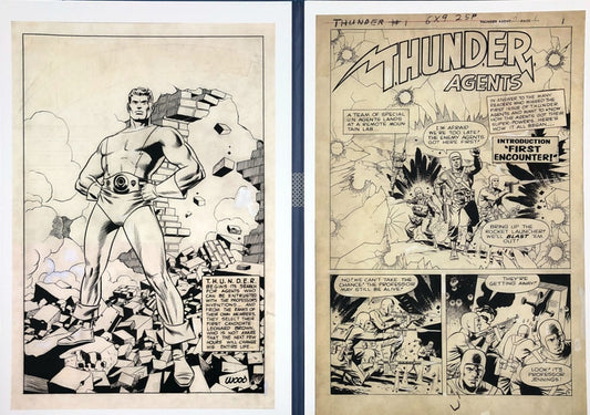 A side-by-side view of two vintage comic book art pages featuring black ink illustrations on aged beige paper. The left page shows a muscular superhero standing on rubble, and the right page shows multiple comic panels with the title 'Thunder Agents' and speech bubbles.