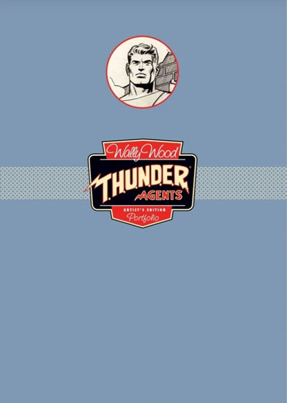 A flat graphic design for a collectible artist's edition notebook cover, featuring a light blue background, a horizontal gray dotted stripe, and the 'Wally Wood Thunder Agents Artist's Edition Portraits' logo.
