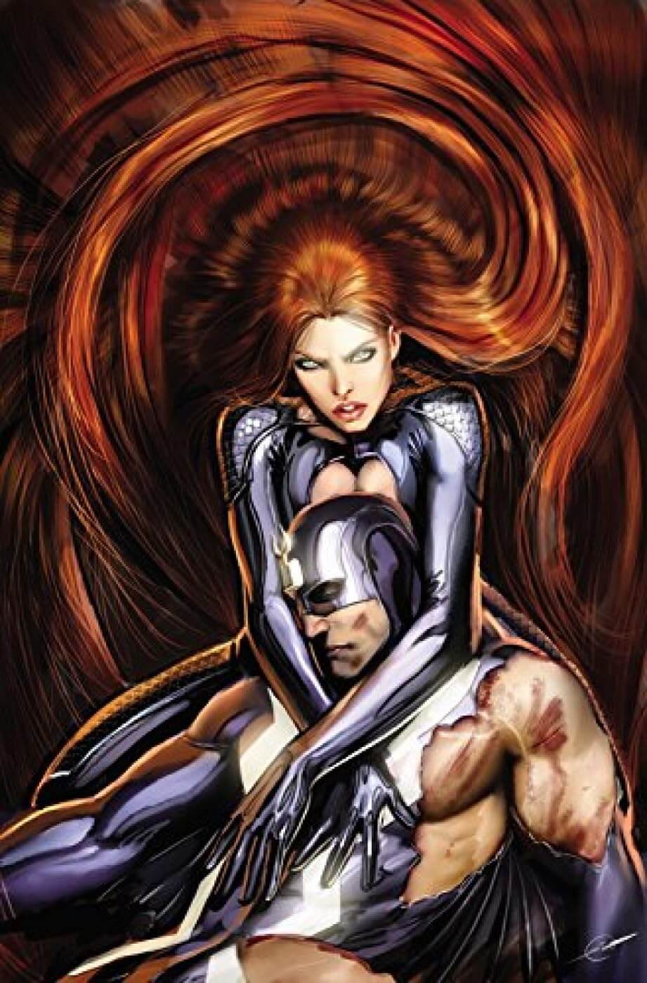 Comic book style illustration of a woman with long red hair in a dark bodysuit embracing a masked man with a torn cape, set against a swirling dark brown and orange background.