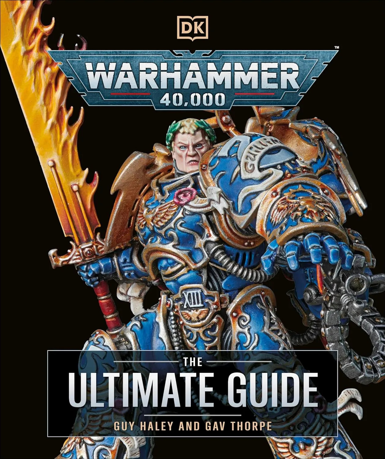 Book cover of 'Warhammer 40,000: The Ultimate Guide' with a warrior character and fiery background.