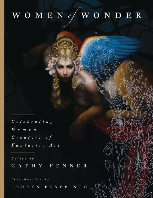 Book cover for 'Women of Wonder: Celebrating Women Creators of Fantastic Art' edited by Cathy Fenner, featuring a dark fantasy illustration of a winged female figure with ornate gold headpiece and blue wings against a black background.